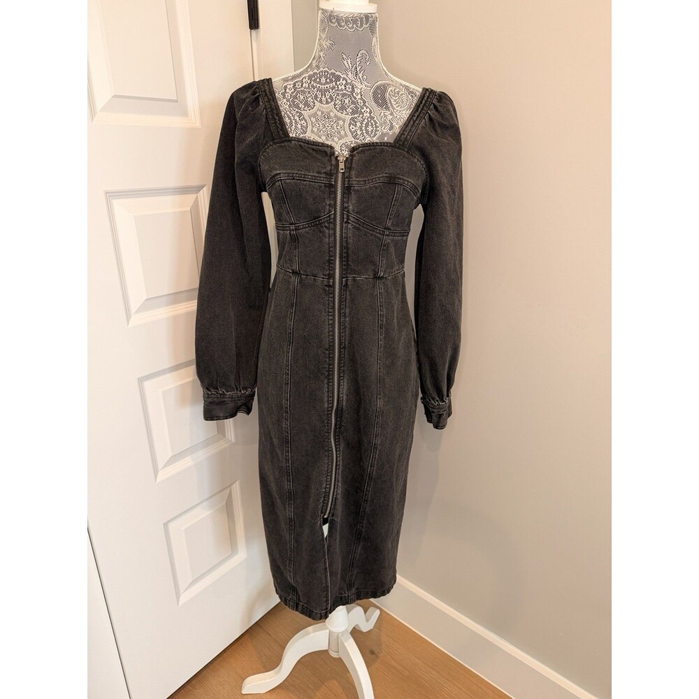 FUTURE COLLECTIVE x KAHLANA Barfield Gray Black Denim Midi Dress Sz 6